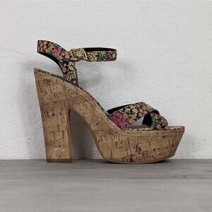 Steve Madden P Gili Dark Floral Fabric Strappy Cork Platform Block Heel sz 10